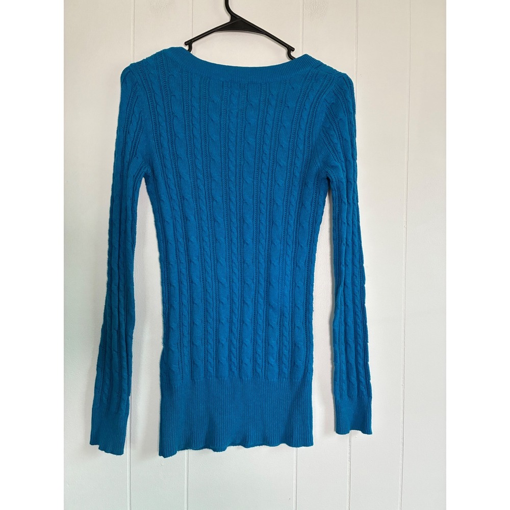 Y2K American Eagle Blue Cable Knit V-Neck Sweater S Turquoise Long‎ Sleeve Slim - Picture 5 of 7